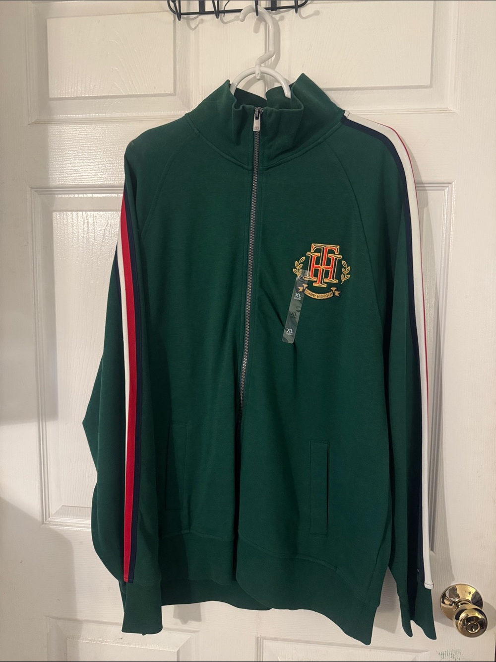 Dark Green Tommy Zip-Up Track Jacket with Stripe Sleeves